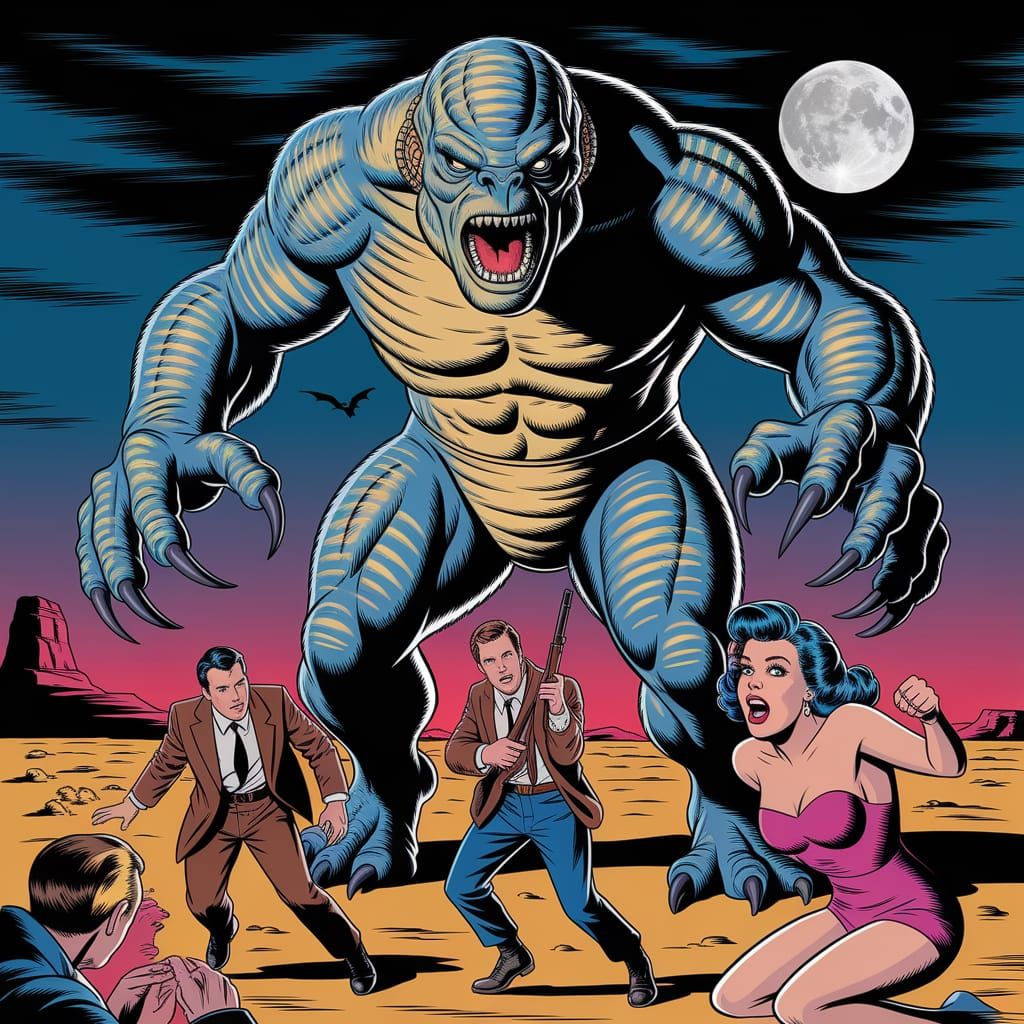 Bluish-Green Monster in 1950s Pin-Up Style