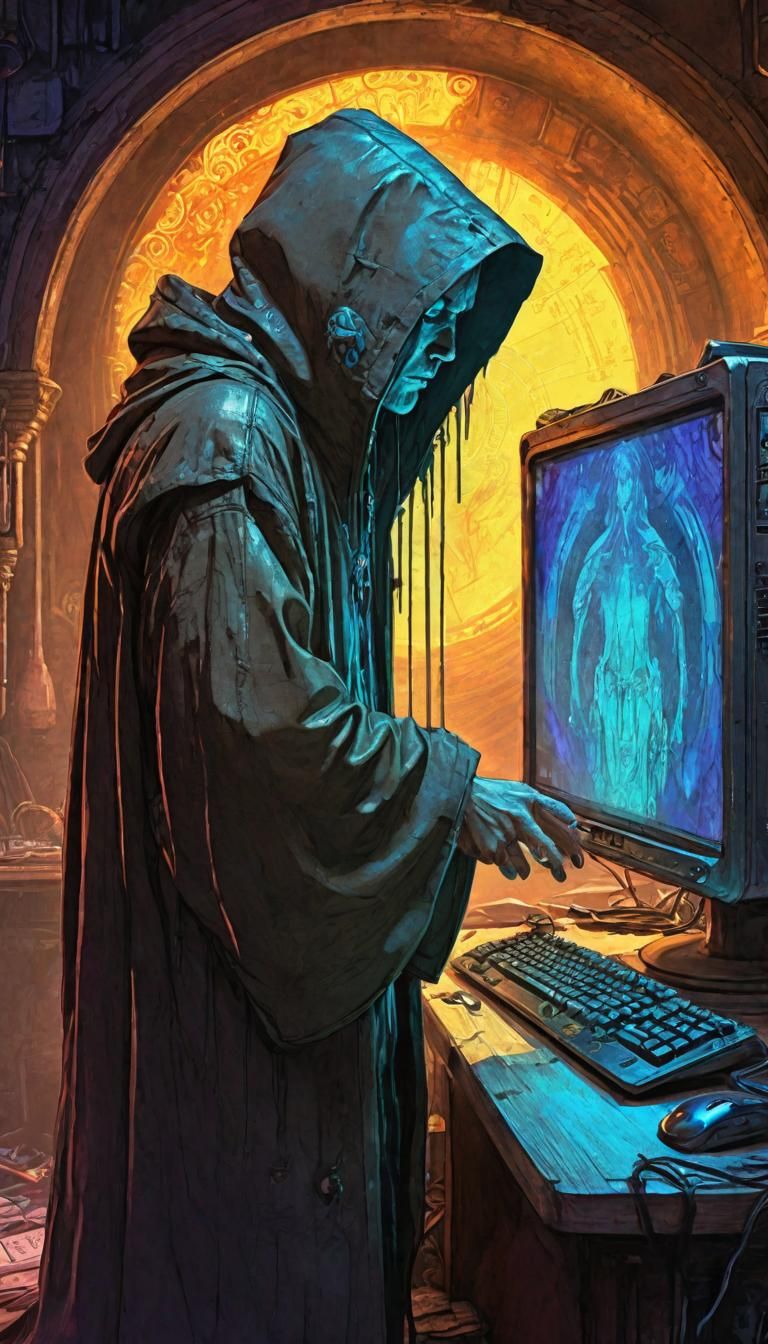 Cyberpunk Gothic Horror Netrunner with CRT Monitor Face