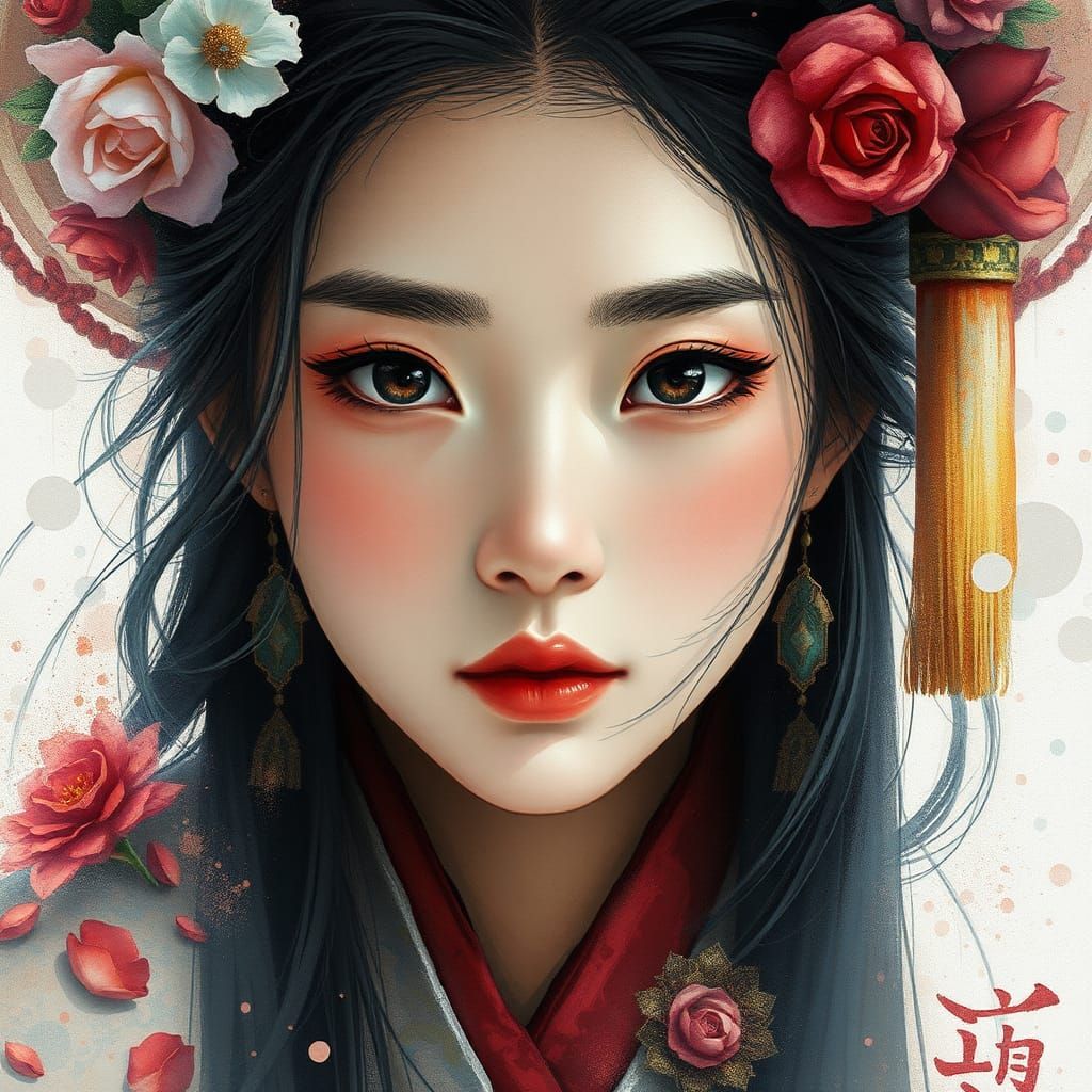 Watercolor Fantasy Korean Portrait with Volumetric Lighting