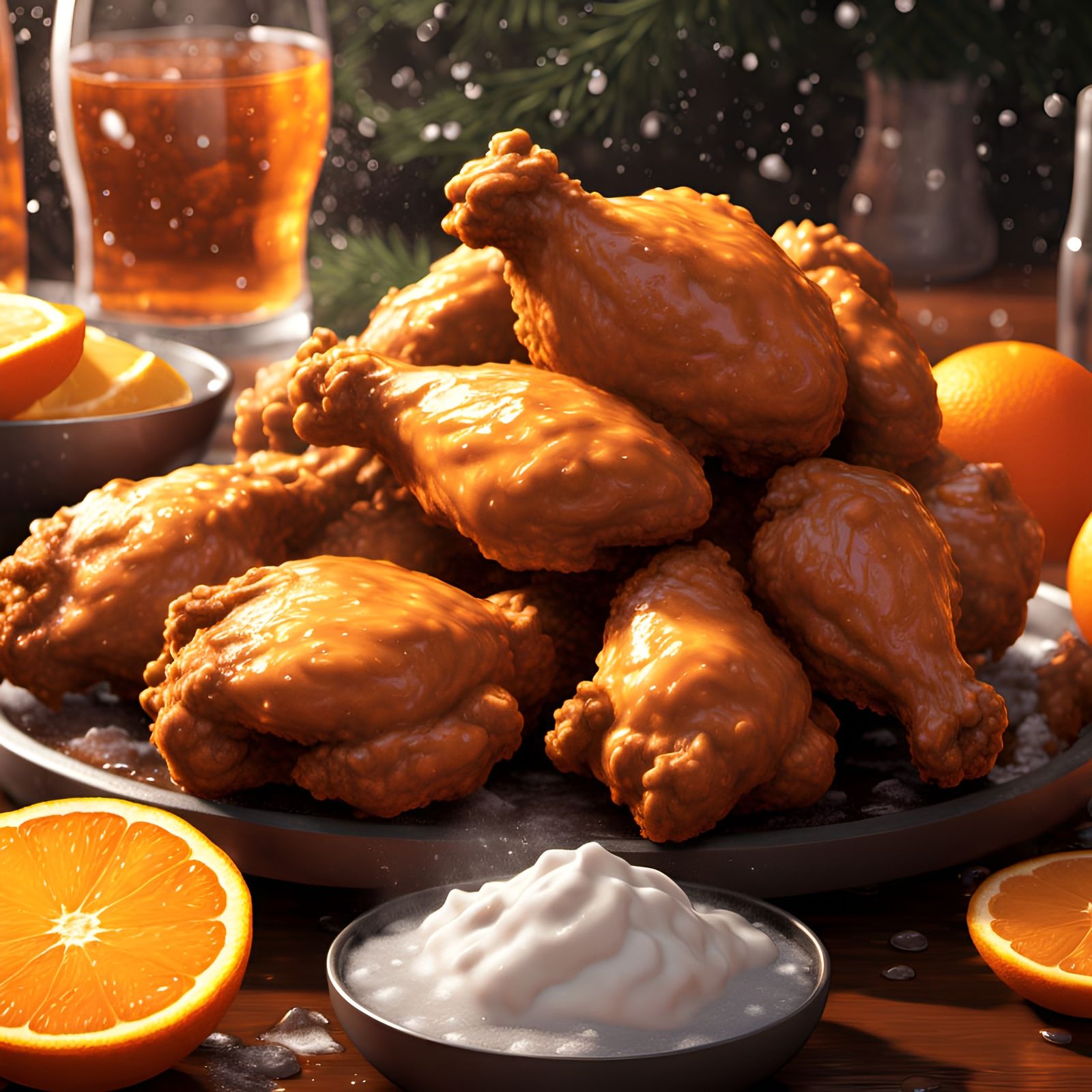Vibrant Fried Chicken Scene in a Winter Wonderland
