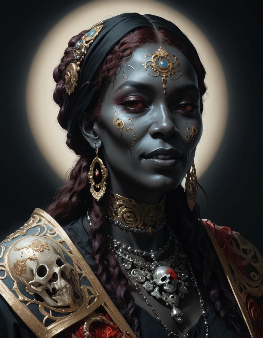 African Vodou Priestess with Skull, Hyperrealistic Portrait