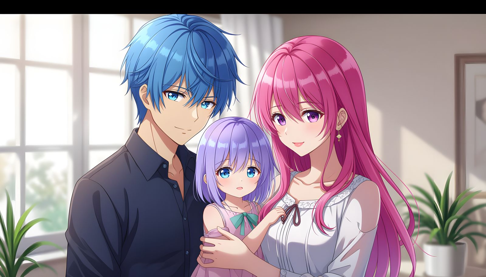 Anime Family Portrait with Blue and Pink Hair