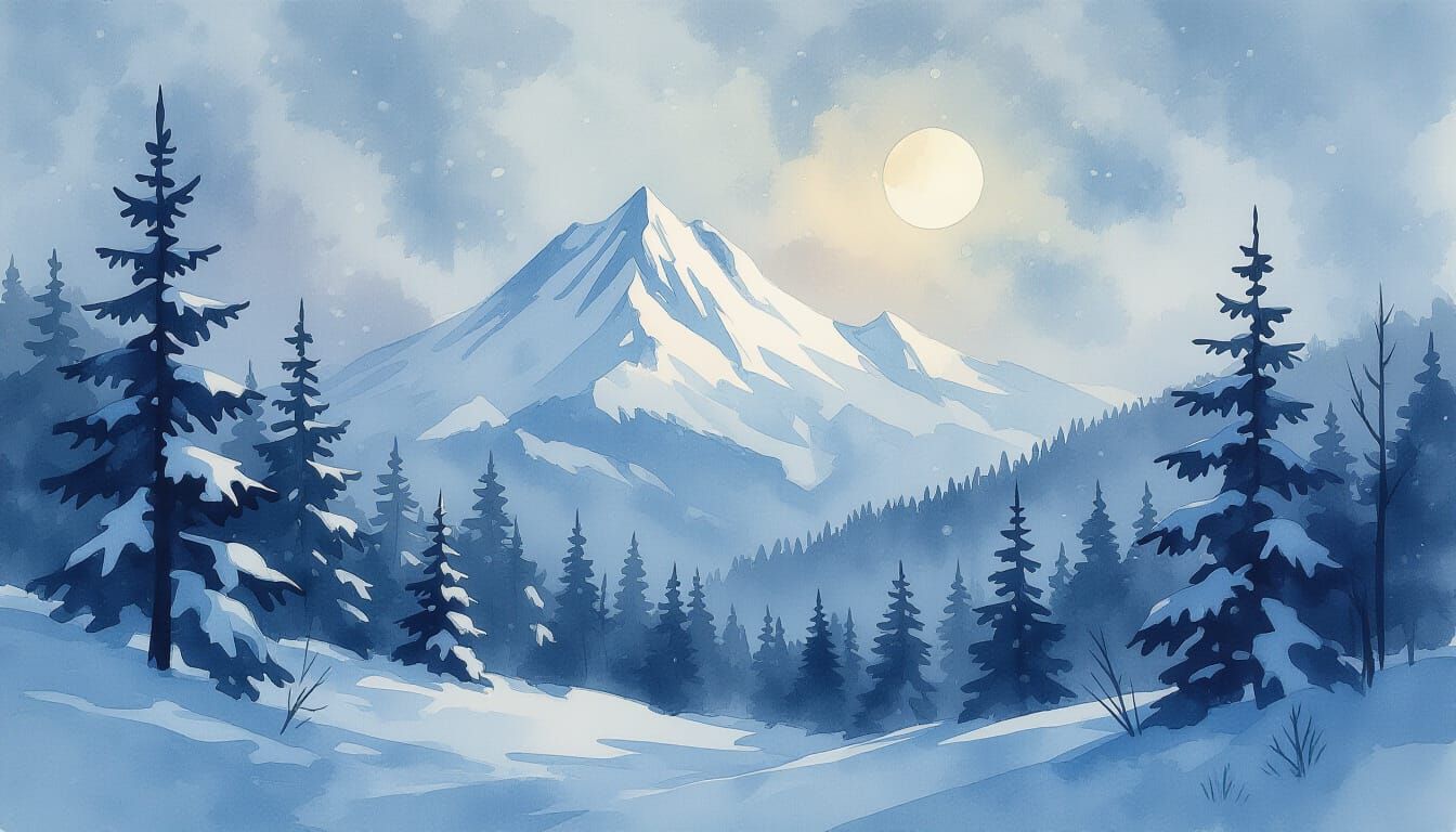 Enchanted Snowy Mountain Forest in Watercolor Style