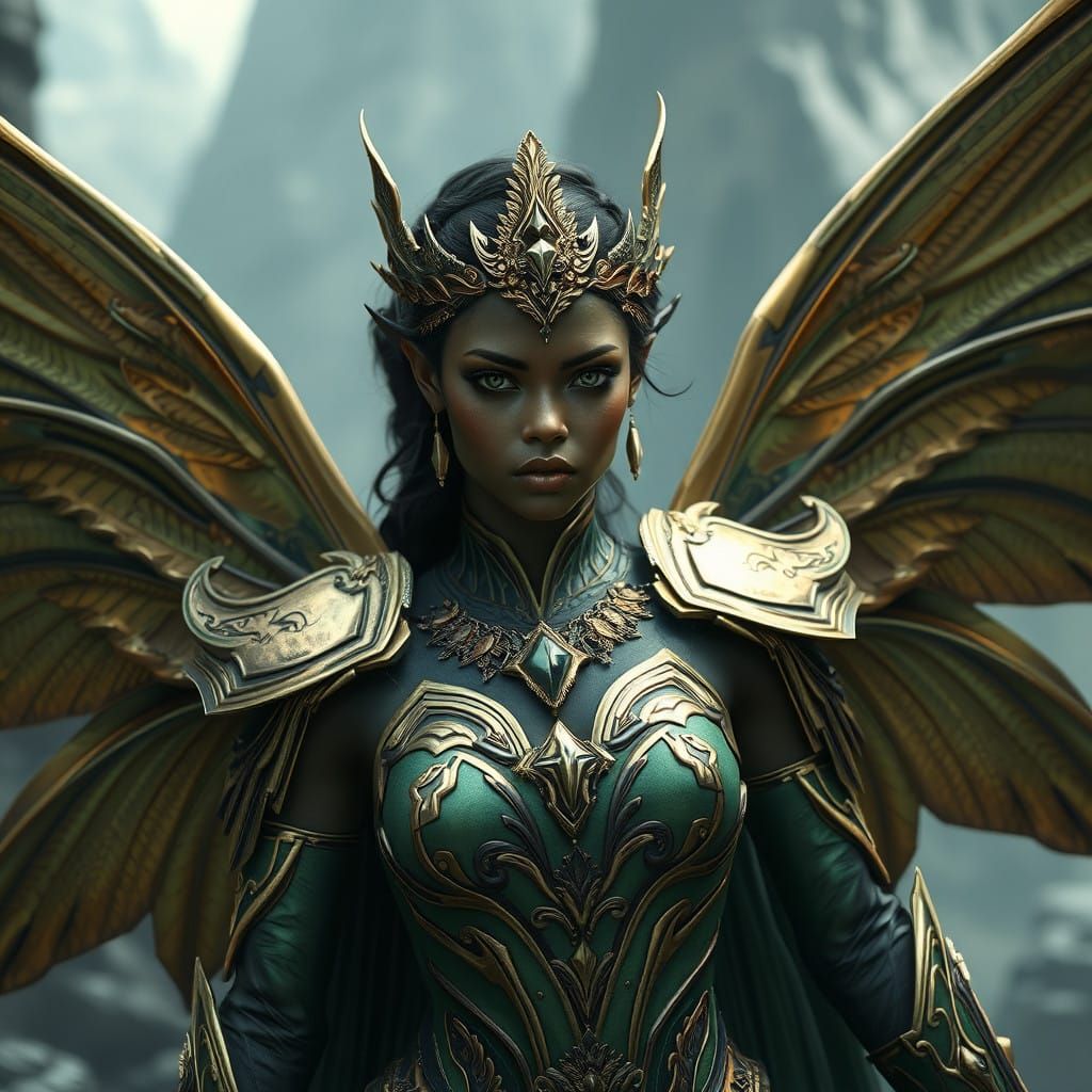 Majestic Dark-Skinned Fairy Paladin in Ornate, Gold and Gree...