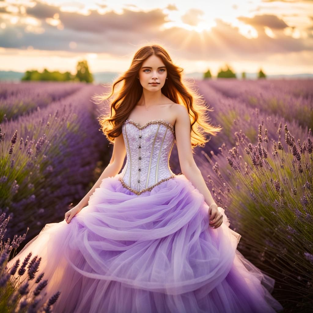 Woman in Lavender Dress with Divine Sunlight