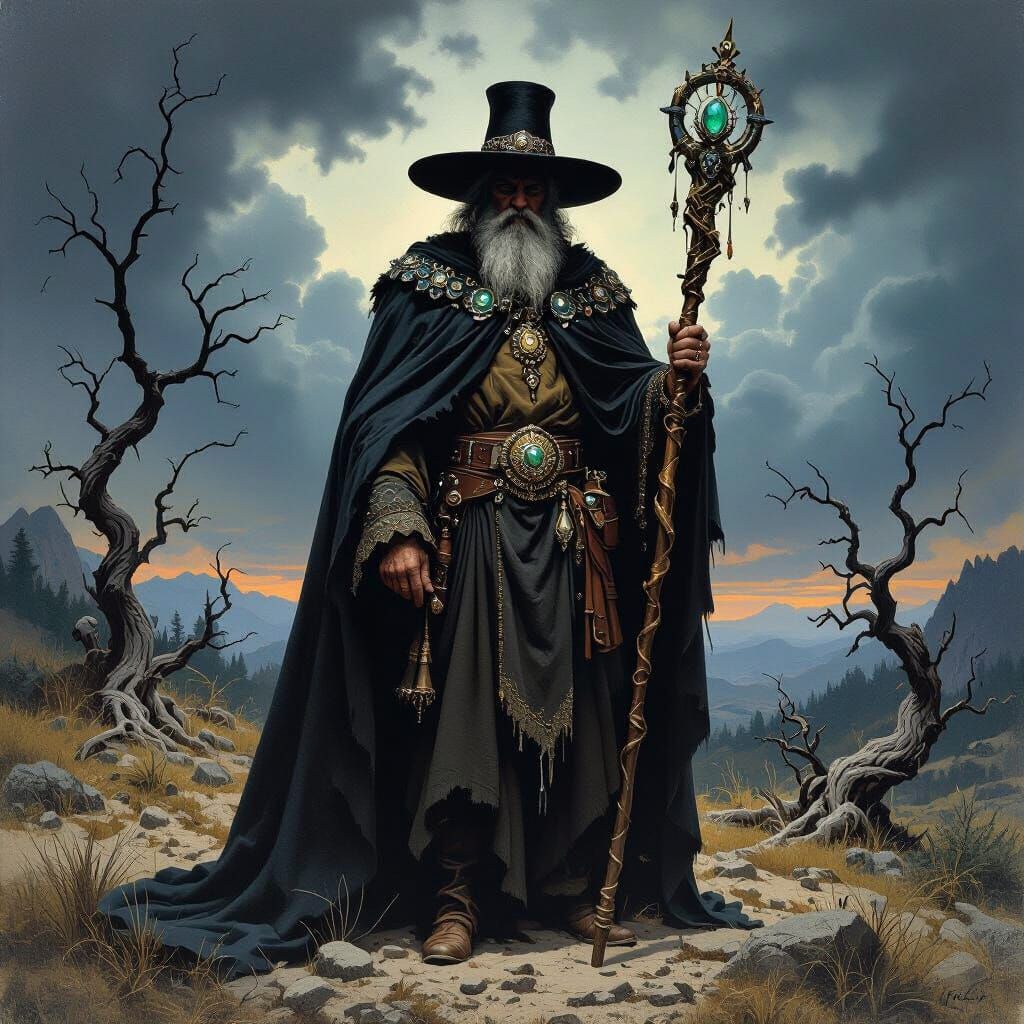 Old Wizard in Mountainous Landscape, Dark Fantasy Style