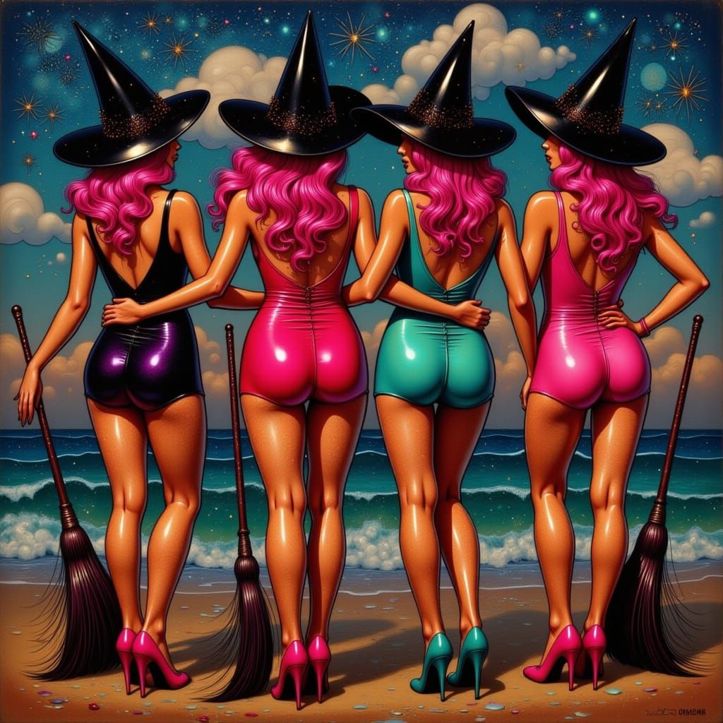 Four cute adult witches standing arm-in-arm on a sunny beach, shown from behind. They are having a great time. They wear...