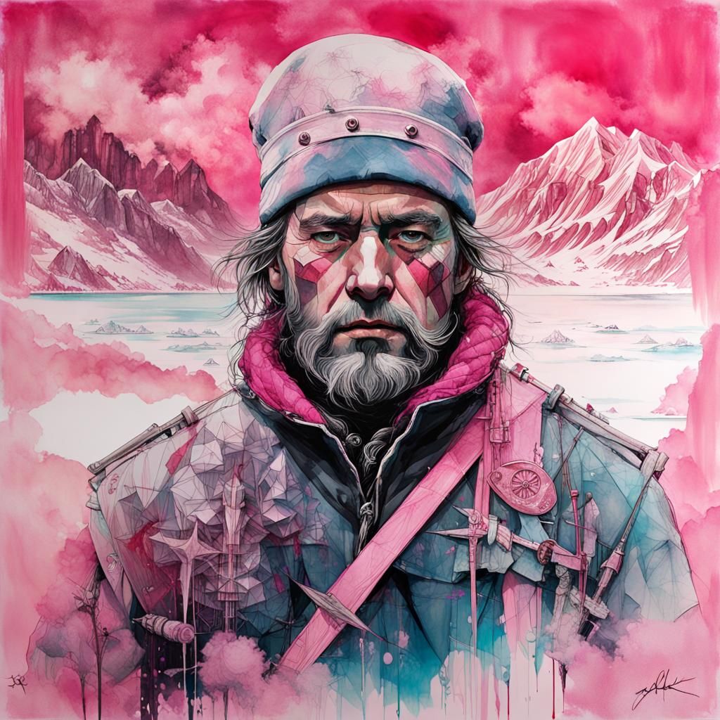 Norse Sailor Double Exposure Portrait in Pink Watercolour