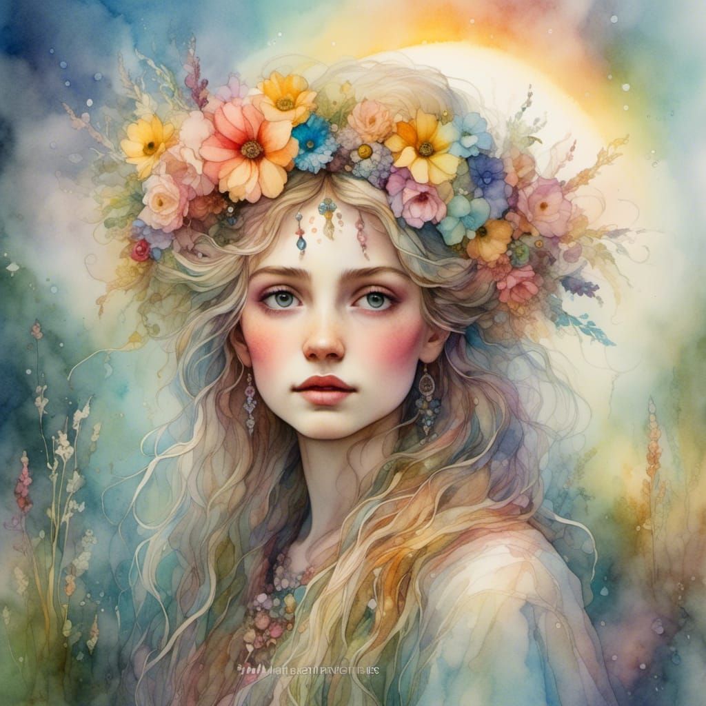 Rainbow Witch in Lush Meadow: Watercolor Painting