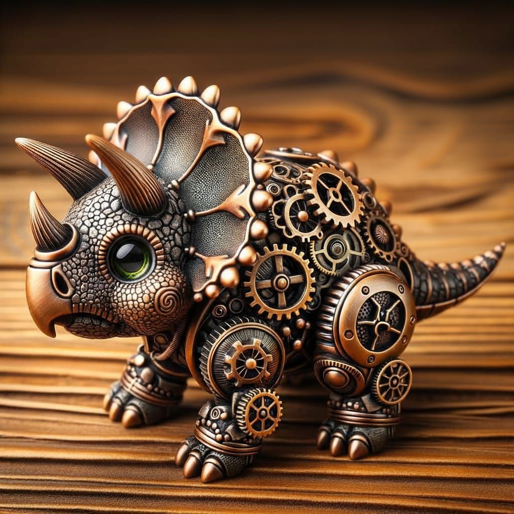 Steampunk Triceratops Keychain: Bronze and Copper Details