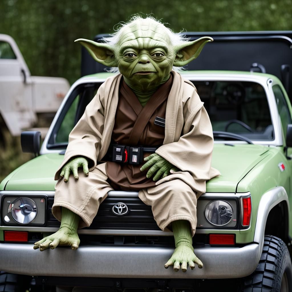 Yoda's Awkward Ride on a 1986 Toyota Tacoma
