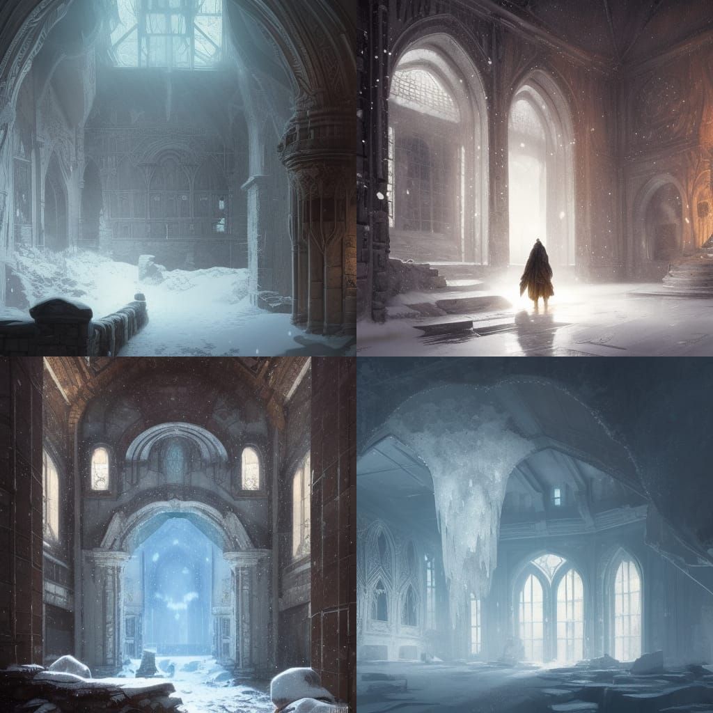 Ghost in Snowy Castle Ruins, Hyperdetailed Concept Art