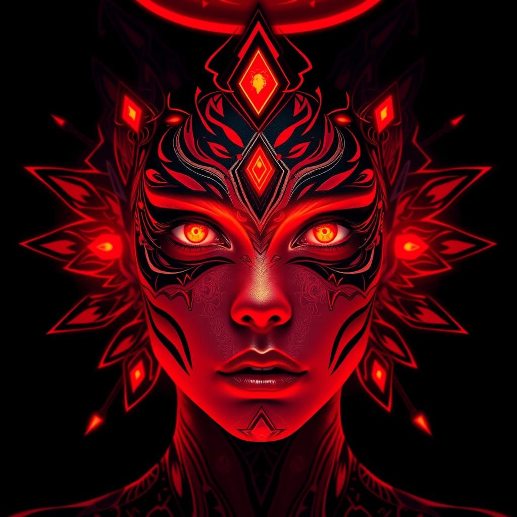 Surreal Cosmic Goddess with Radiant Red Eyes
