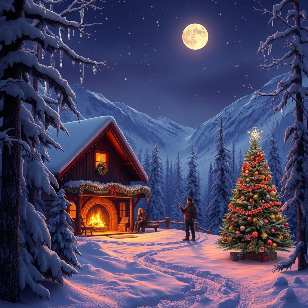 Snowy Mountain Cabin Christmas Scene in Warm, Golden Light