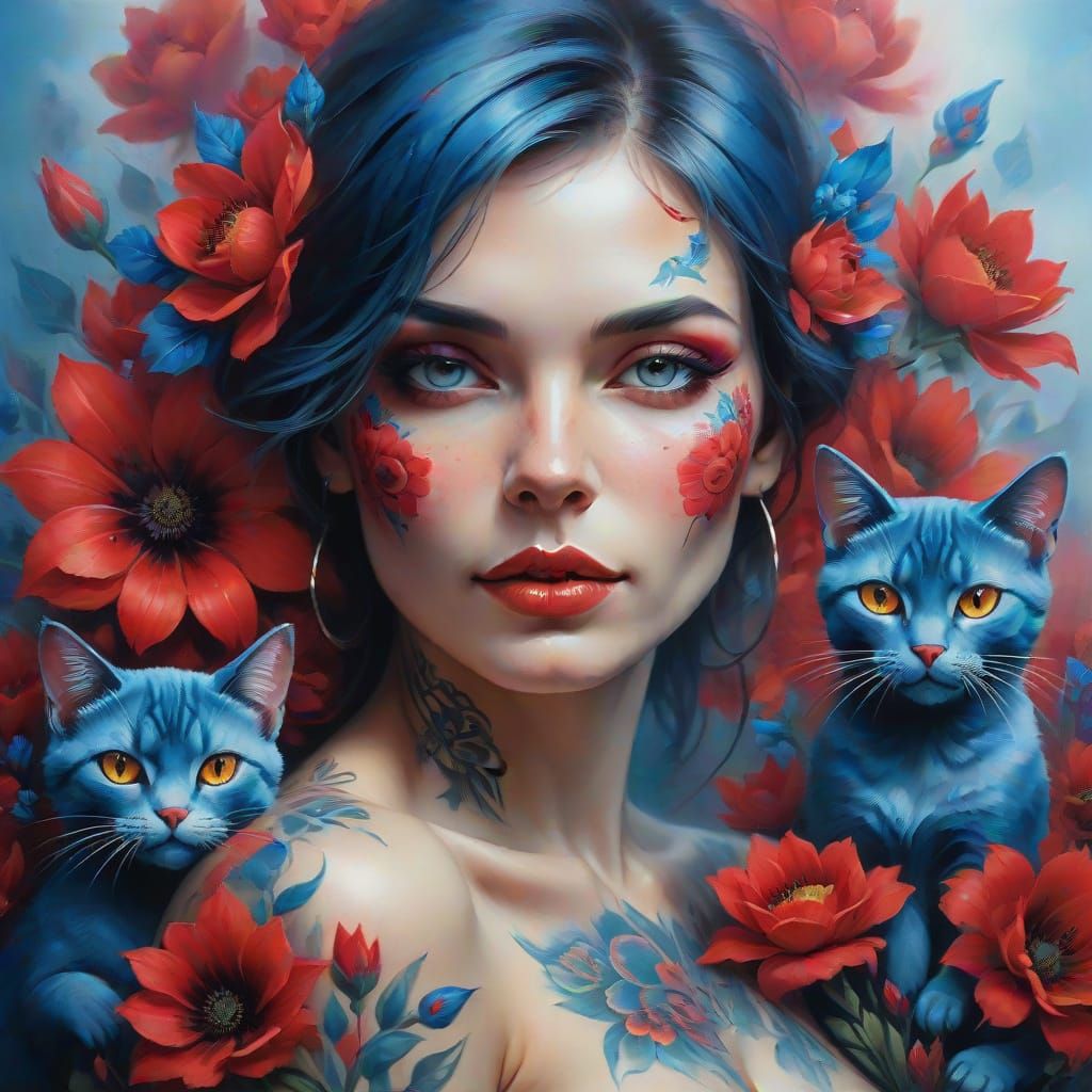 Whimsical Tattooed Woman in Red and Blue Oil Painting