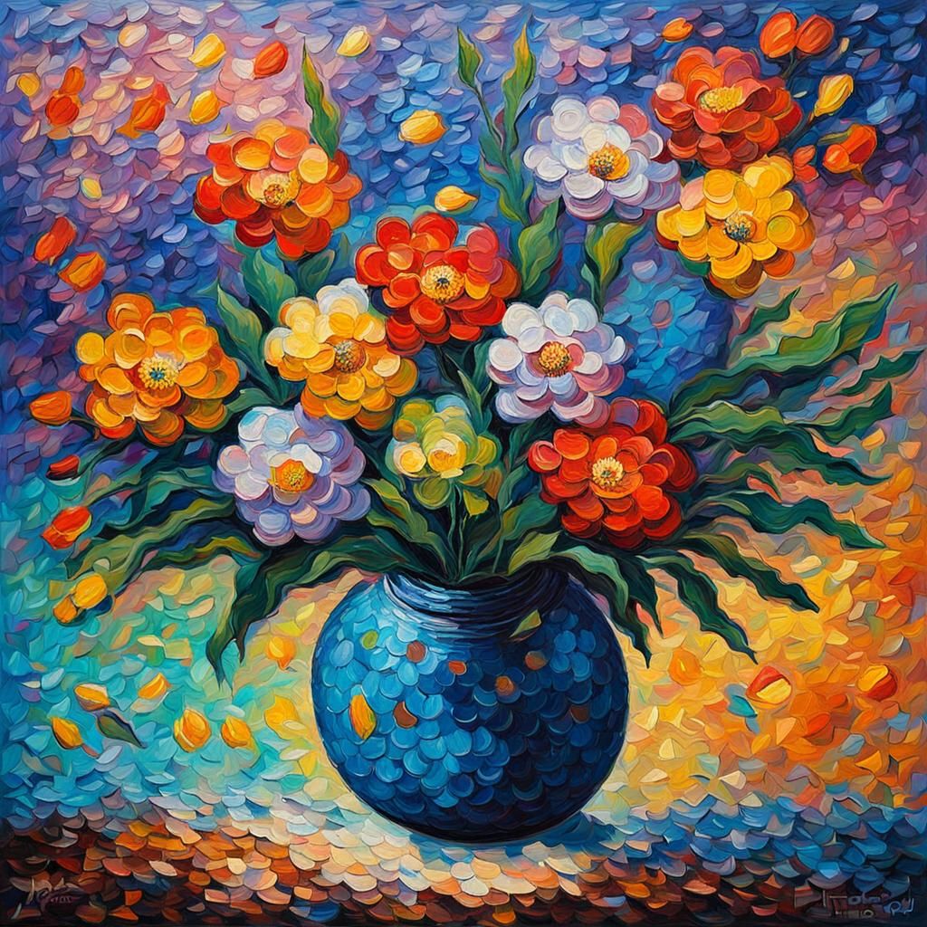 Moonlit Flowers in Expressionist Impasto Style