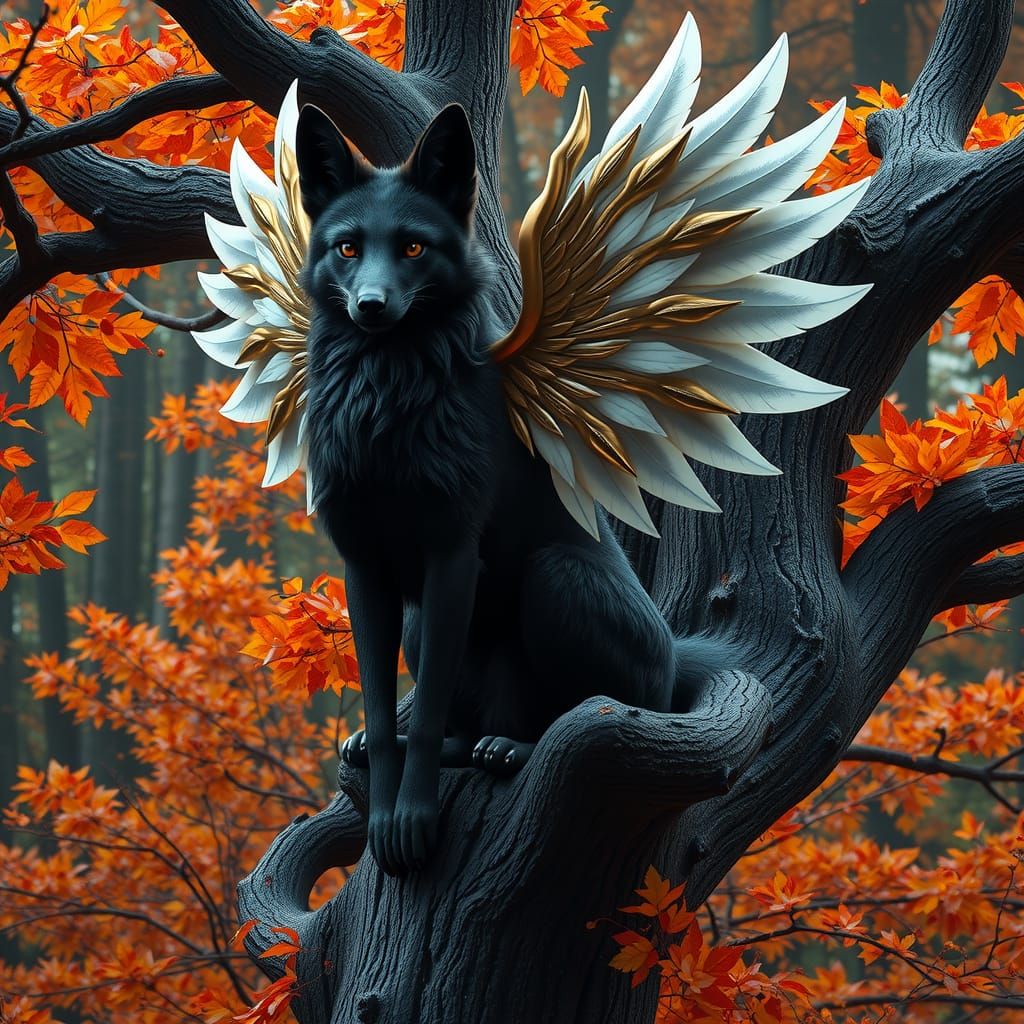 Winged Black Fox in Autumnal Fantasy Landscape
