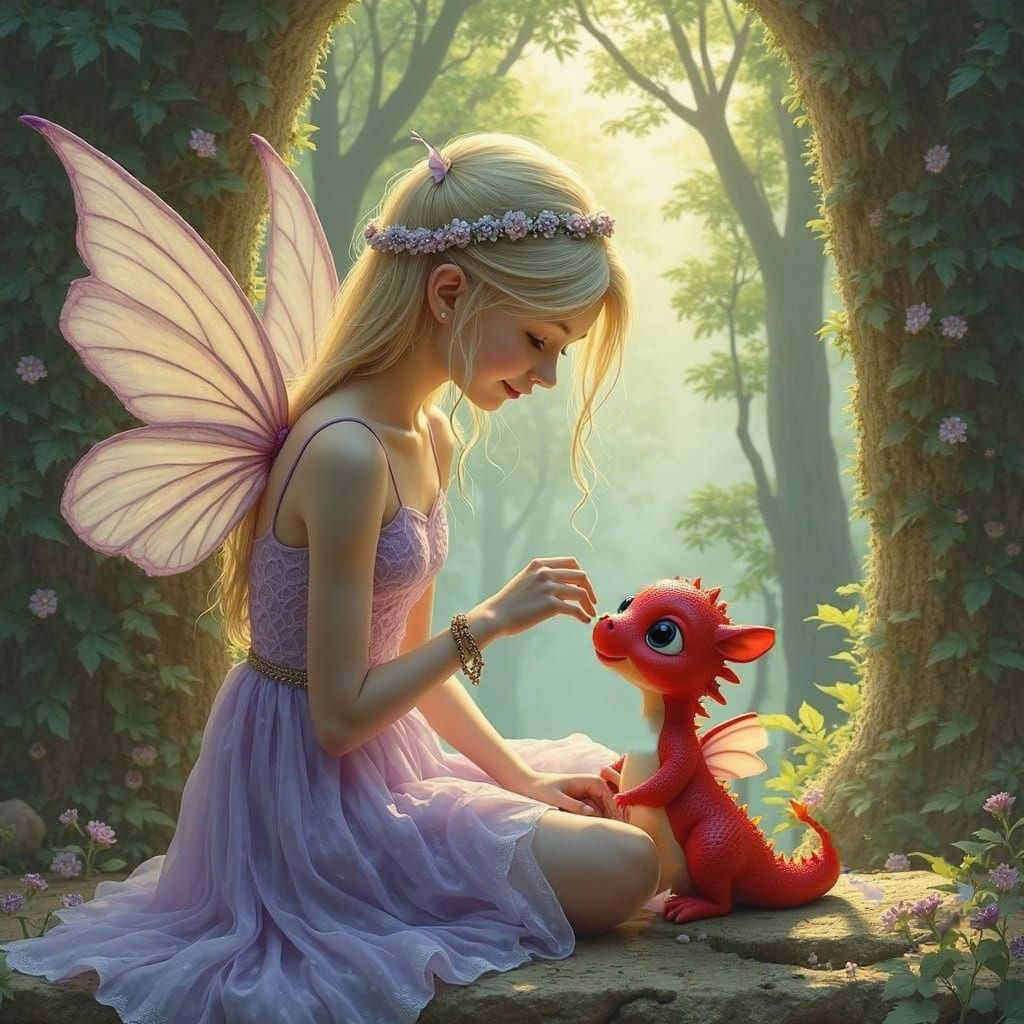 Mystical Fairy Tends to Cherished Red Dragon Hatchling