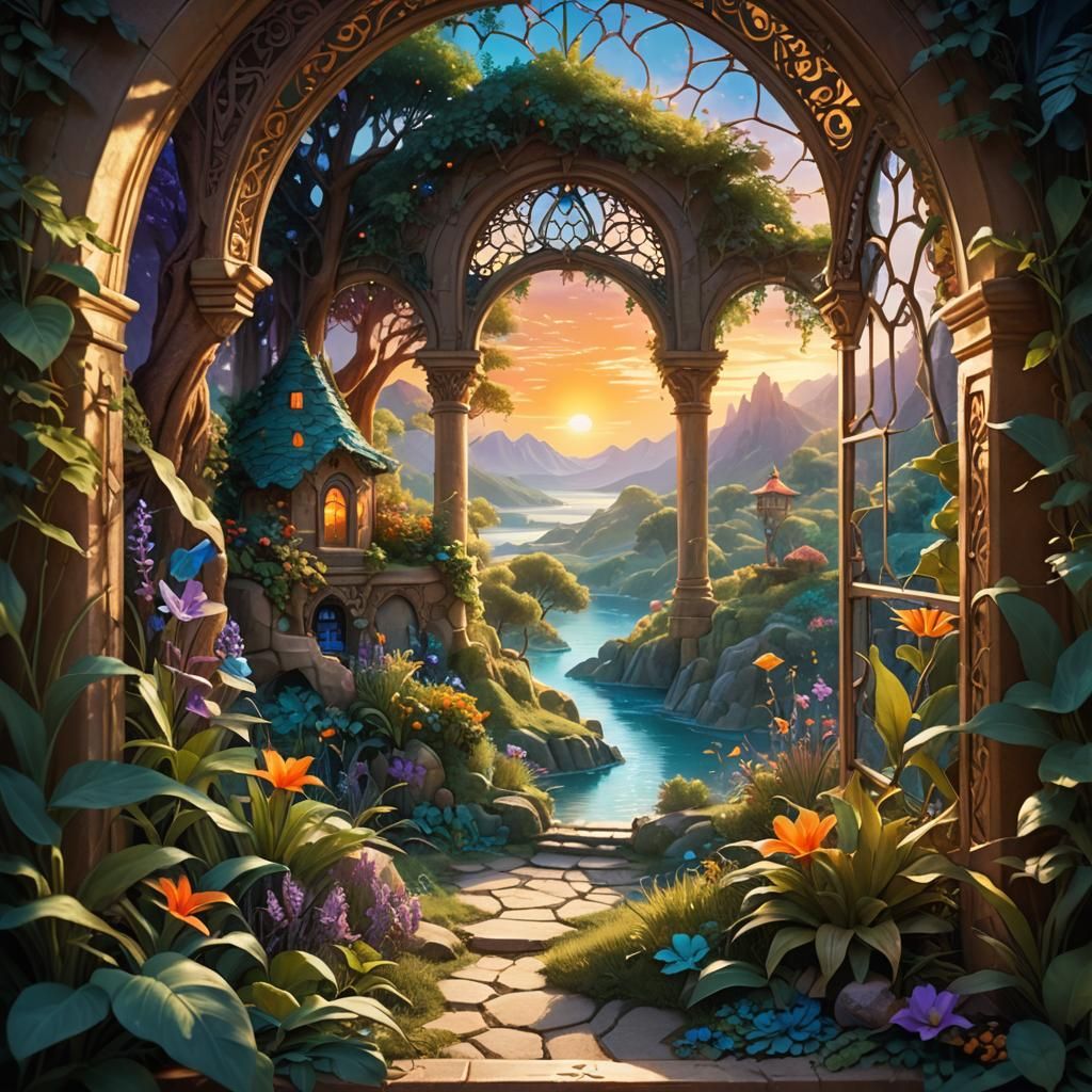 Paradise Oasis with Sunlight, Fantasy Matte Painting