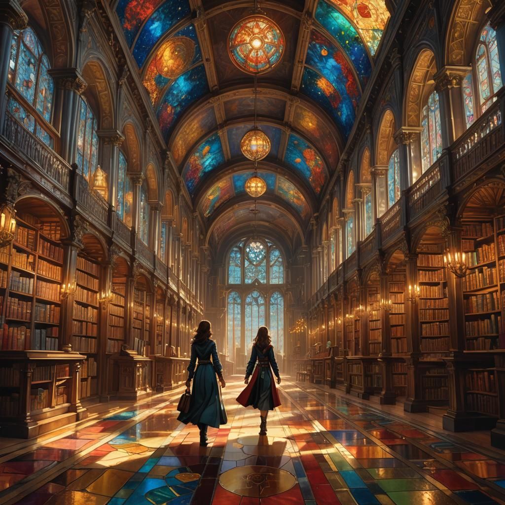 Fantasy Library with Magical Orbs in Oil Painting Style