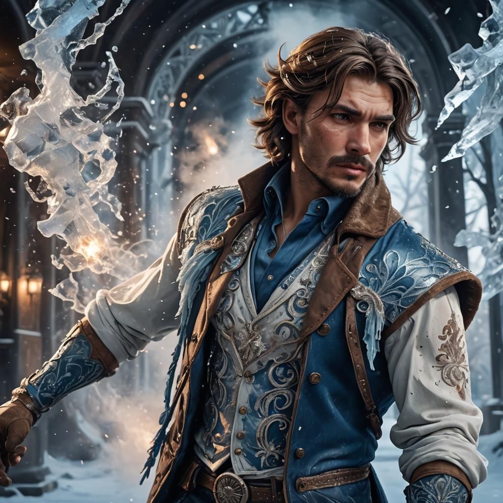 Icy Man Portrait with Frozen Tattoo, Hyperdetailed