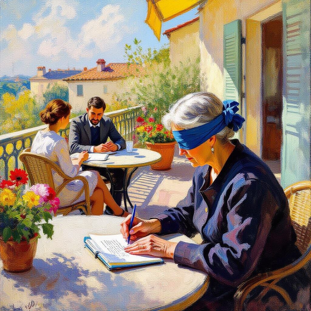 Blindfolded Woman Writing on Sunlit Terrace in Impressionist...
