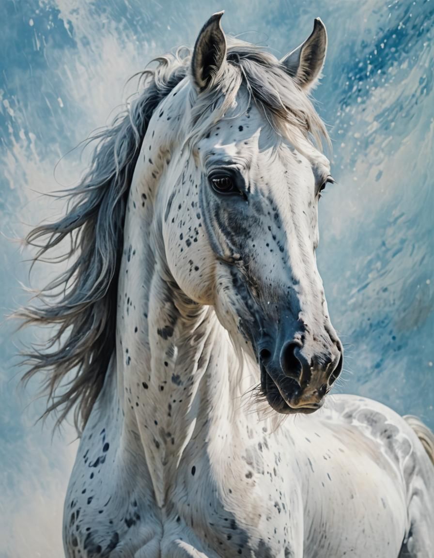 Impressionistic White Horse Portrait with Misty Background