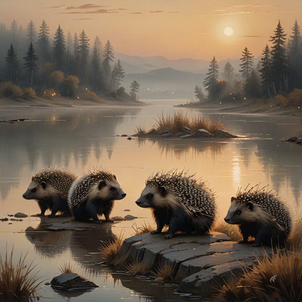 Porcupines at Moonlit Lake: Romanticist-Inspired Landscape