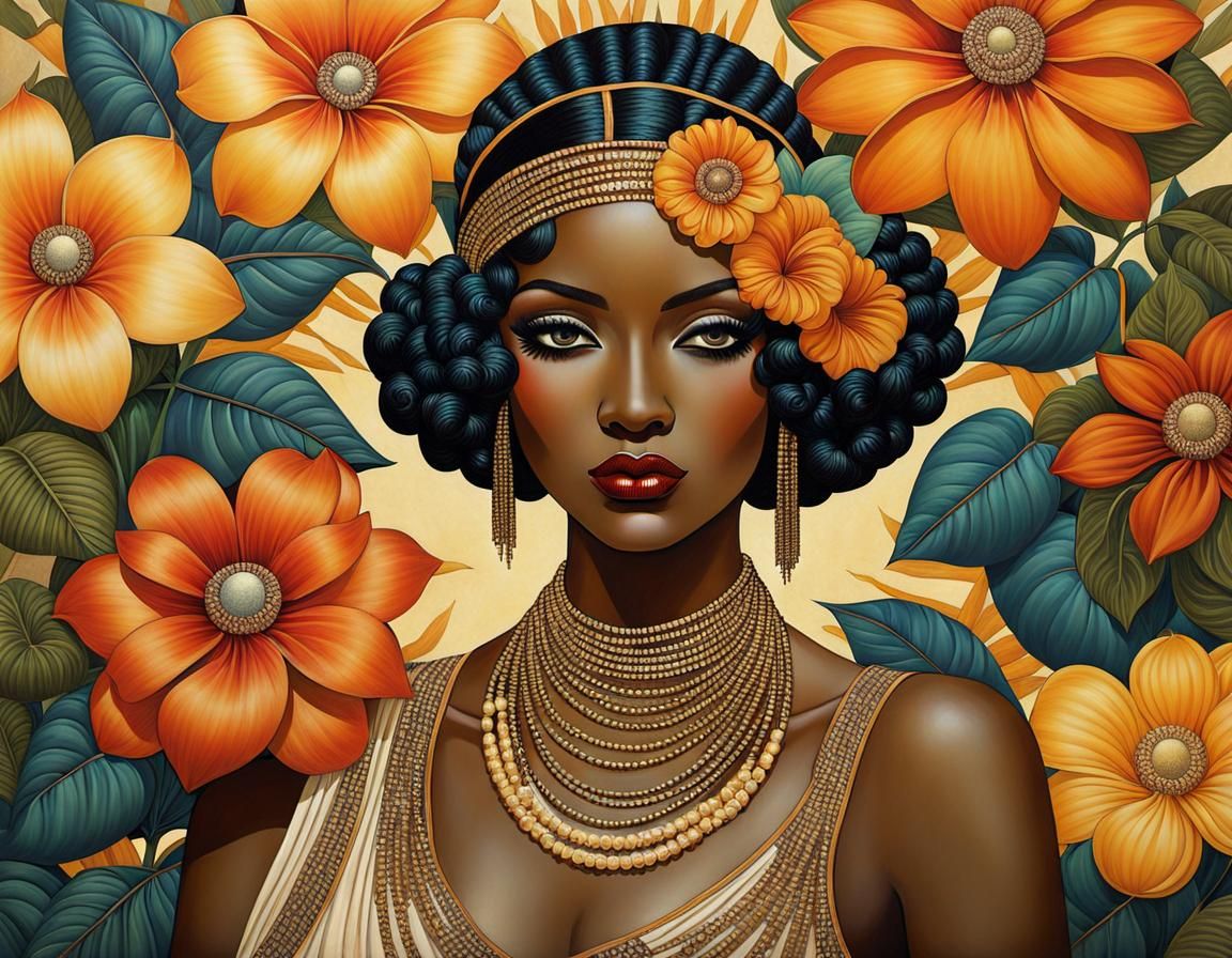 Flapper Girl with Exotic Flowers in Klimt Style