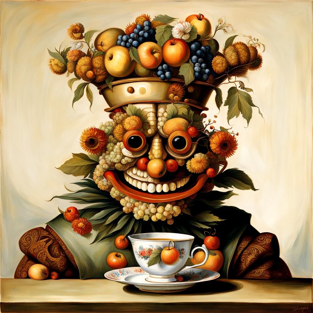 Arcimboldo-Style Fruit Face with Luminous Eyes