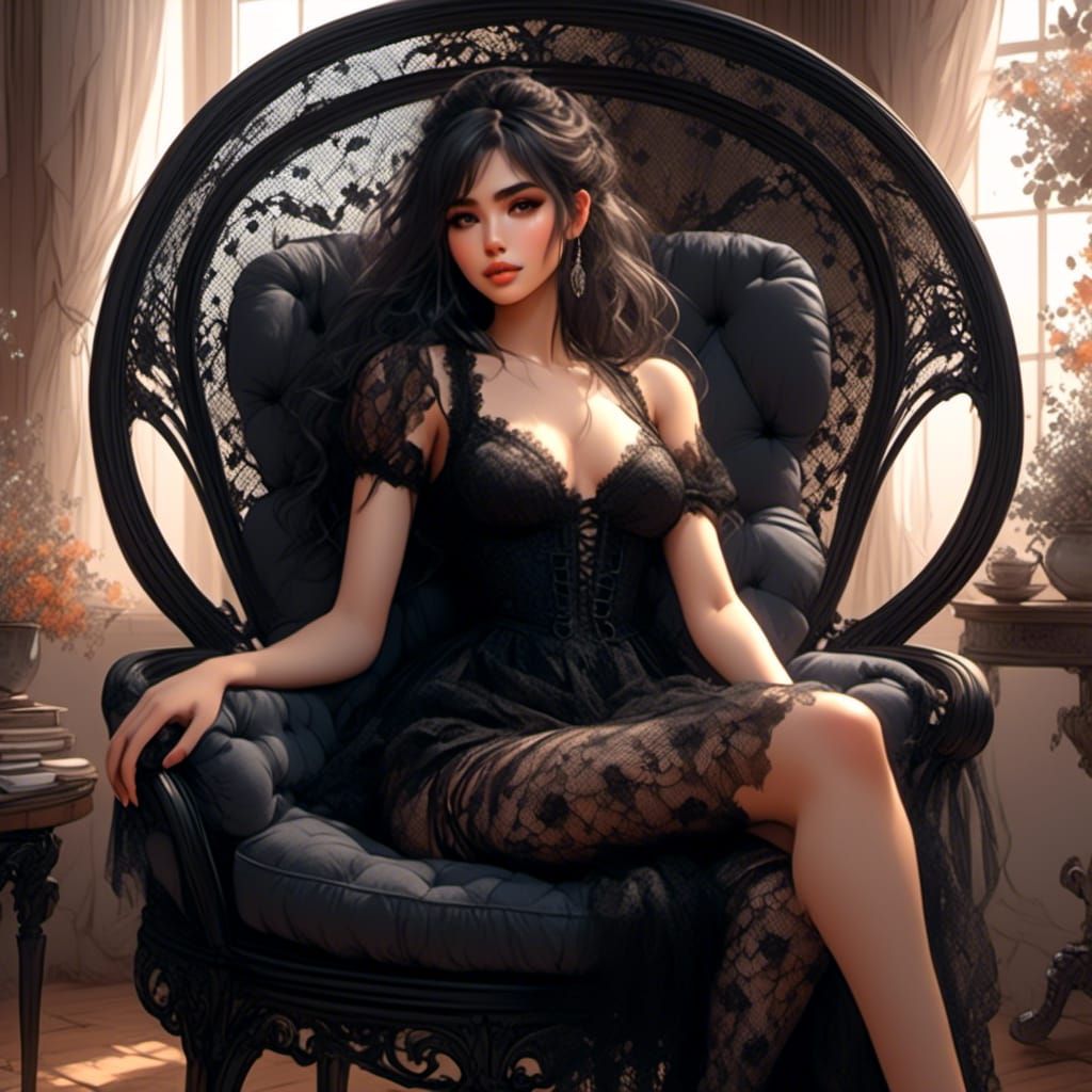 Anime Babe in Black Lace Color Sketch