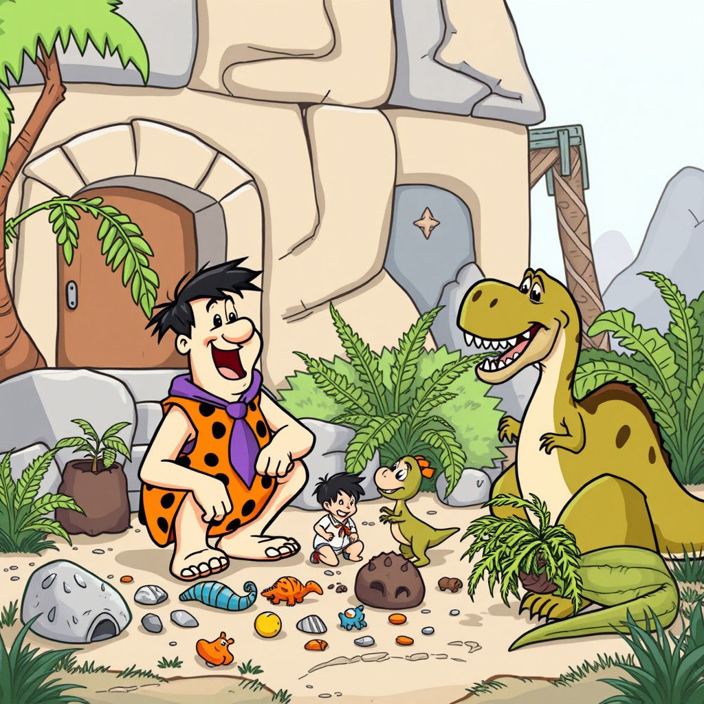 Fred Flintstone Playing with Pebbles in Yard