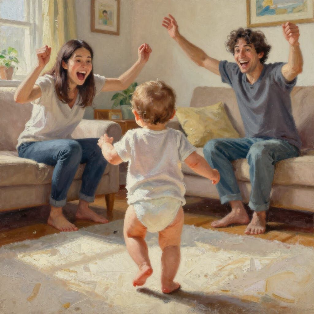 Baby's First Steps in Sunlit Living Room