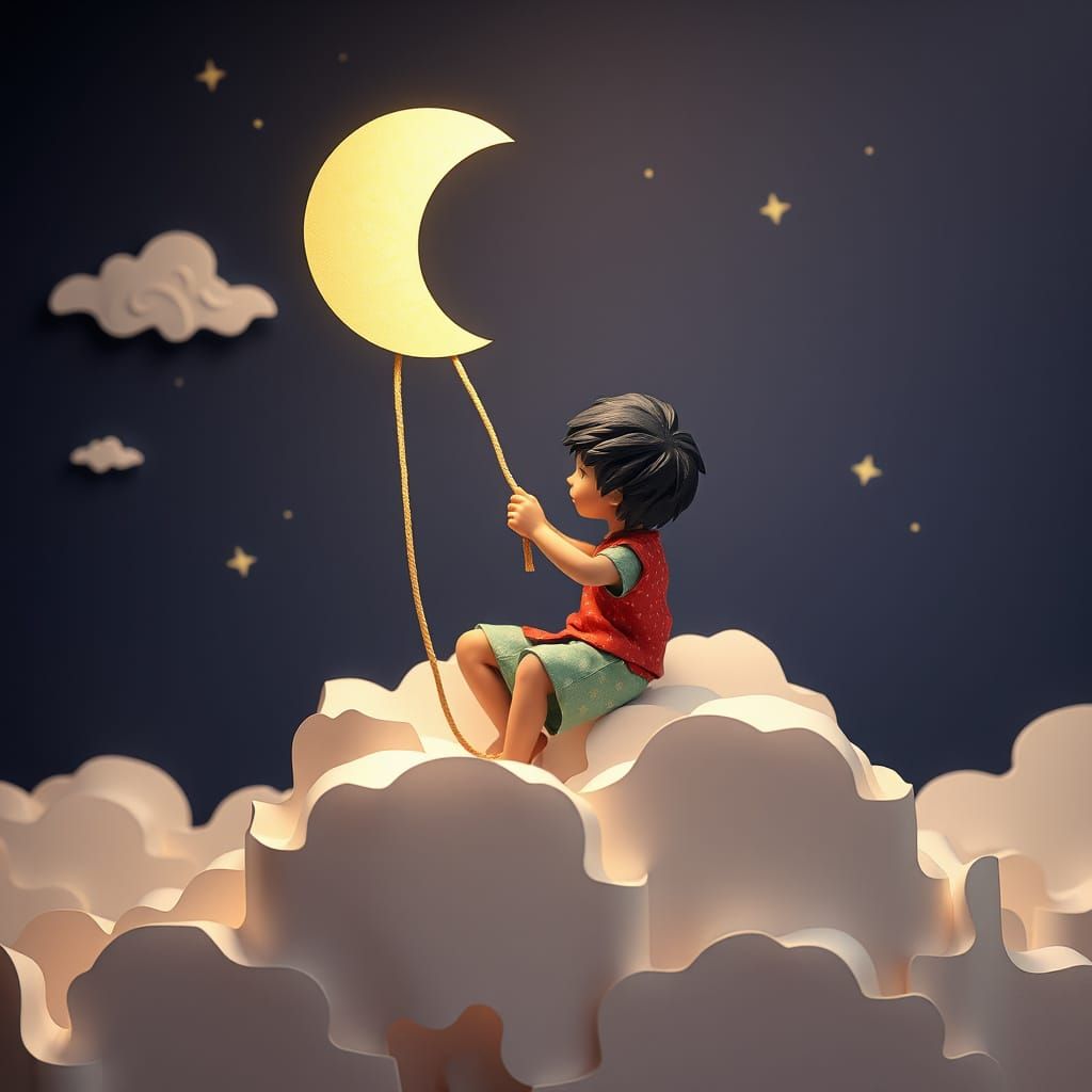 Whimsical Boy Ties Rope to Moon in Delicate Origami Scene