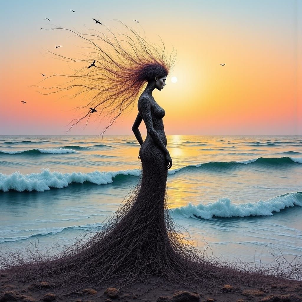 String Art Woman at Sunset Seascape