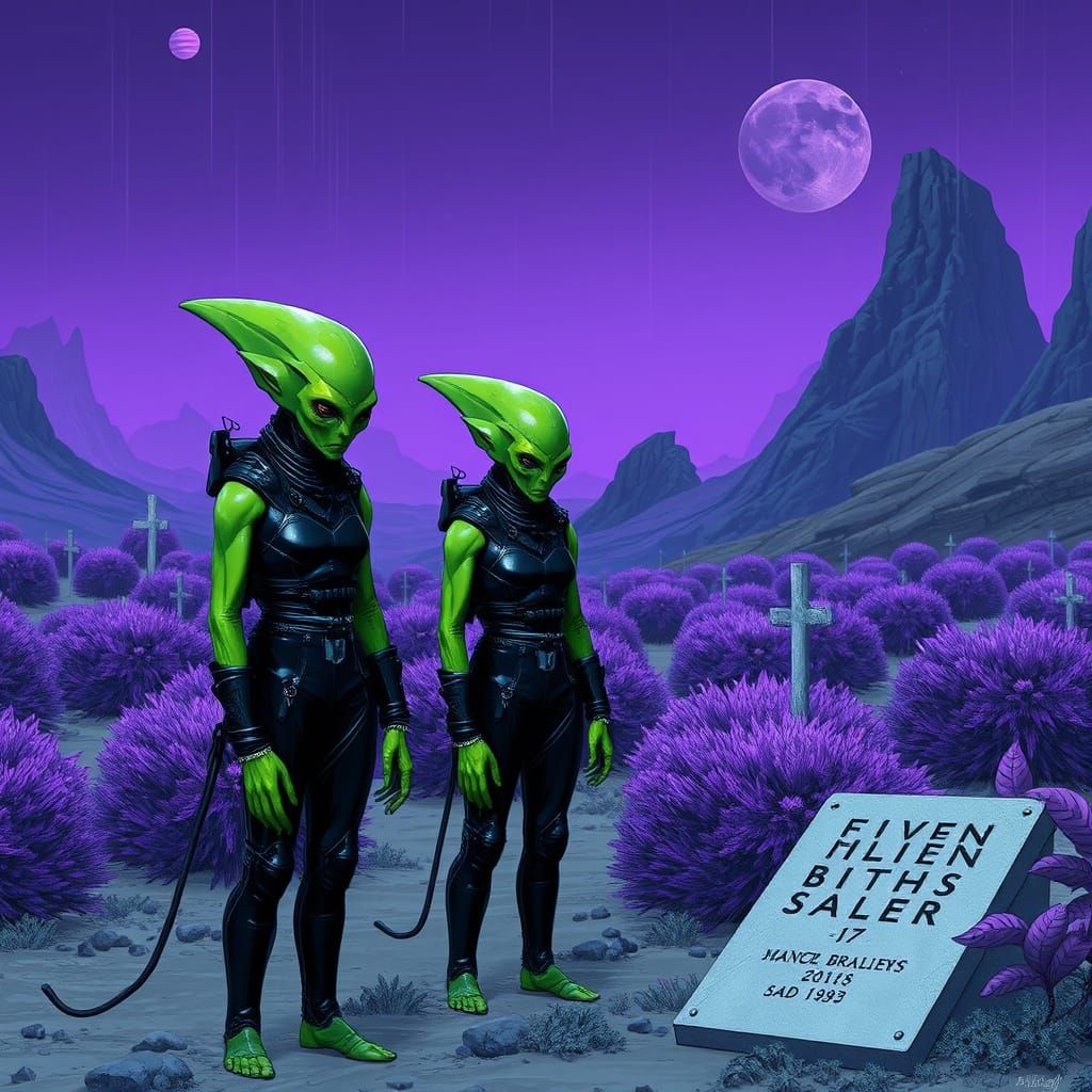 Green Aliens Pay Respects to Fallen on a Purple Alien World