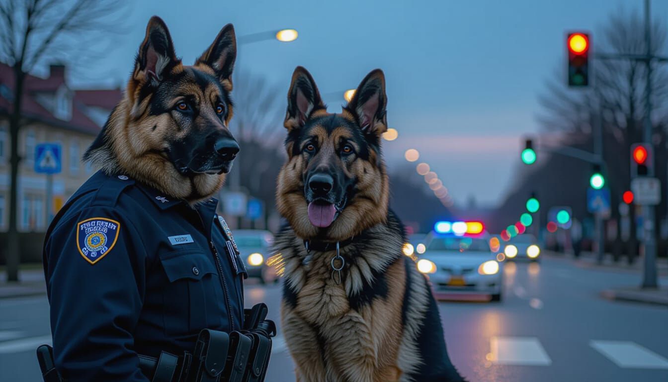 German Shepherd Police Officer Directing Traffic at Dusk