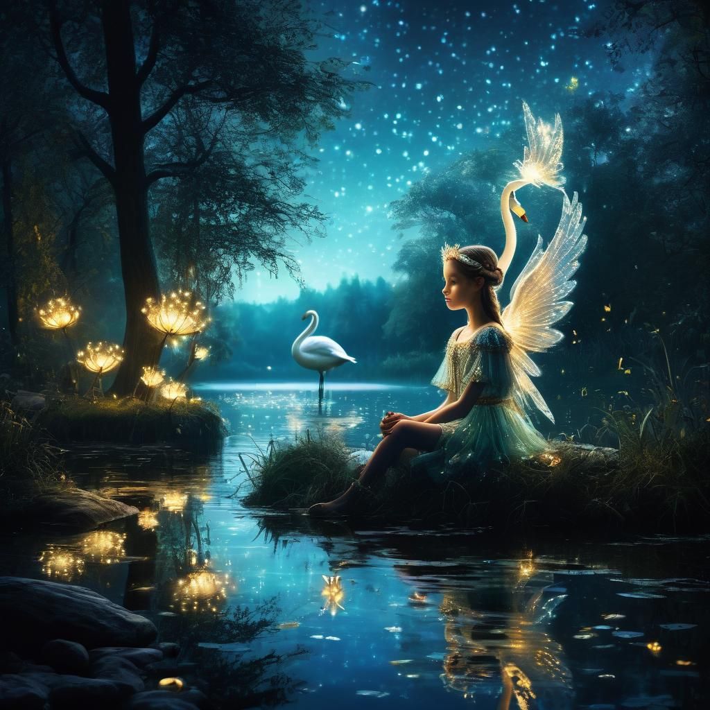 Magical Elf on Lake Shore at Night