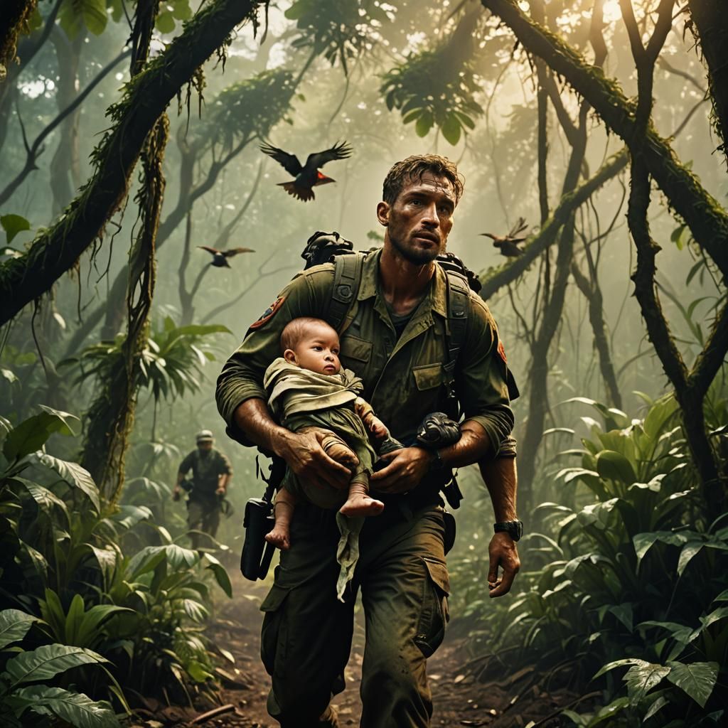 Wounded Soldier and Baby in Jungle, Cinematic HDR