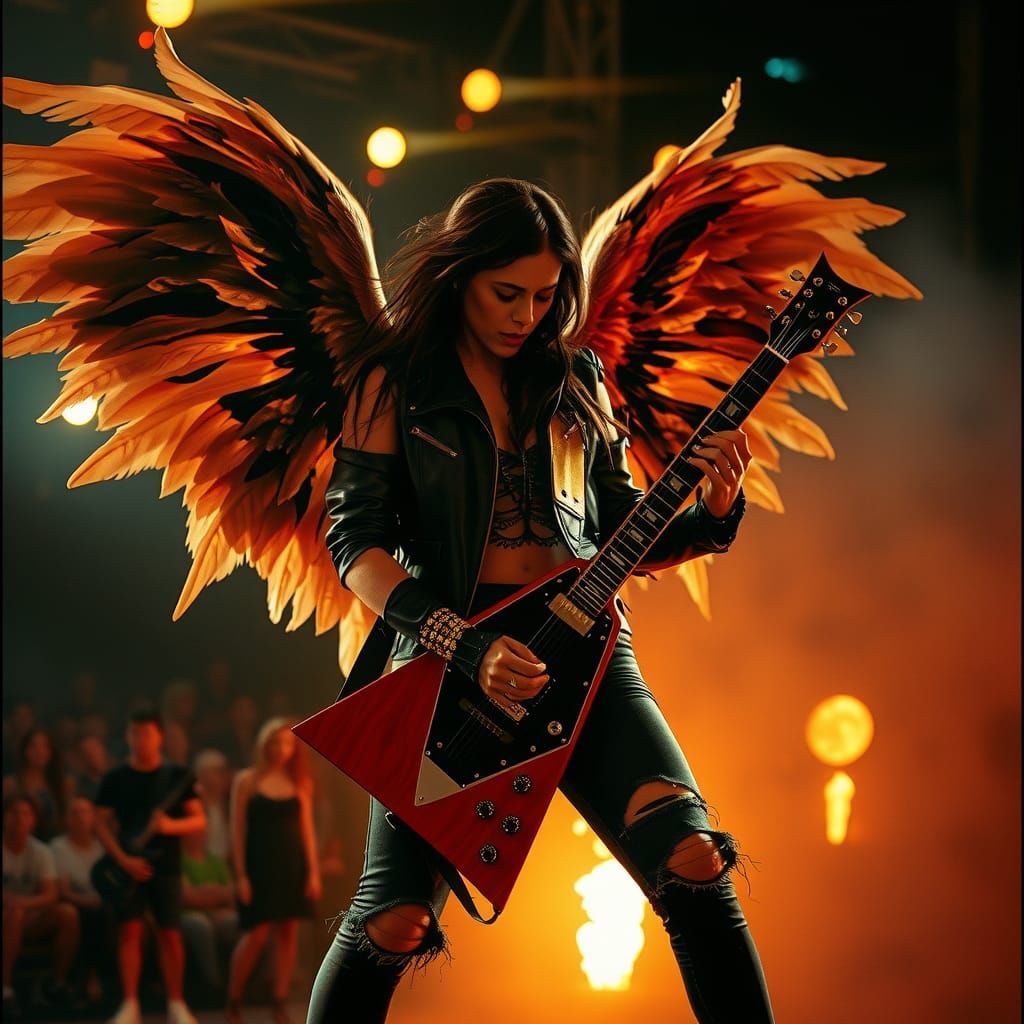 Cyberpunk Metal Goddess Shreds on Guitar Amidst Fiery Concer...