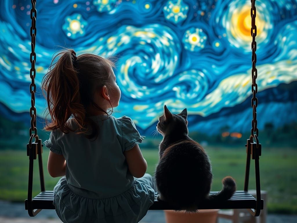 Girl Contemplates Van Gogh's Starry Night Under Glowing Star...