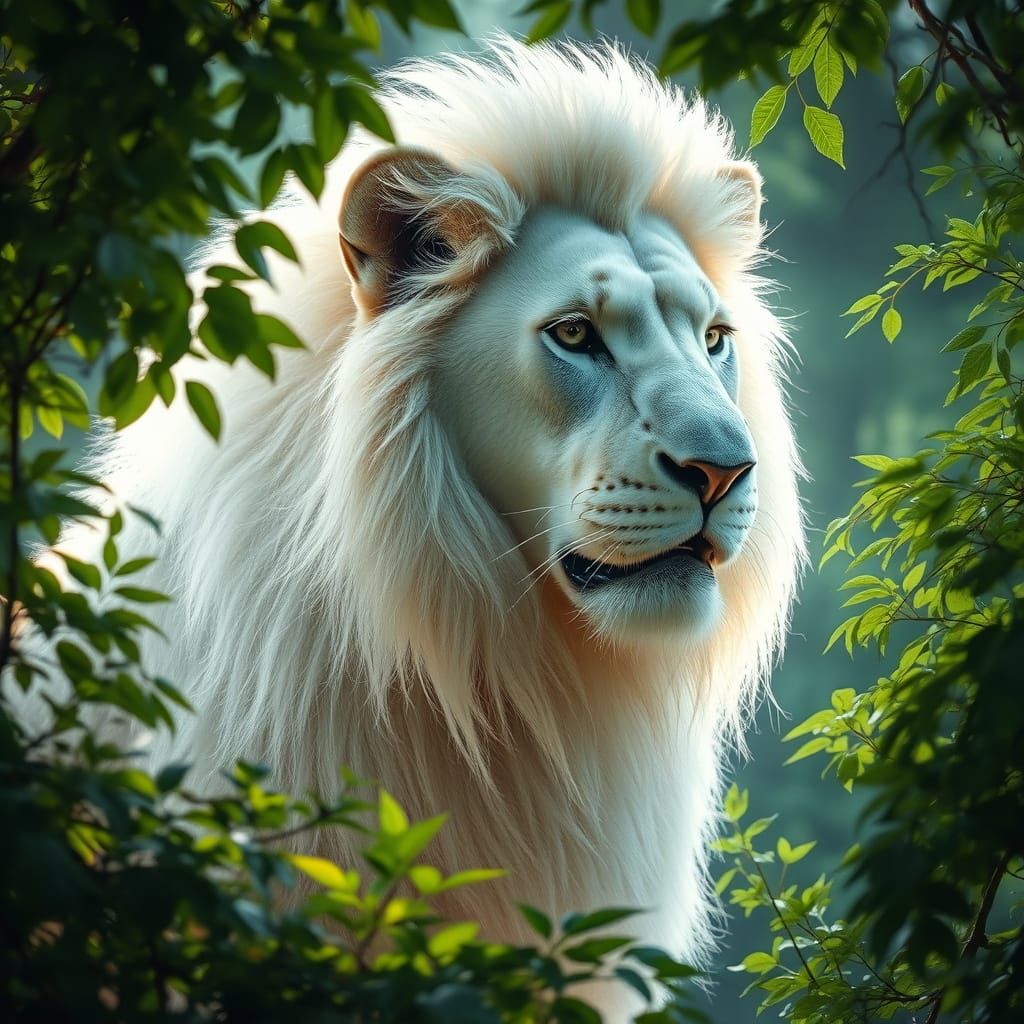 Majestic White Lion with Shimmering Aura in Lush Forest