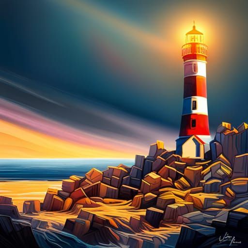 Vibrant Sunrise Lighthouse in Dynamic Graffiti Style