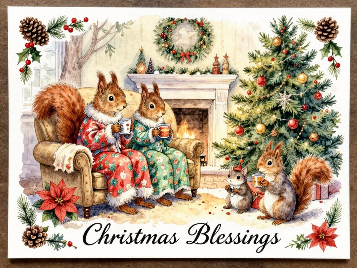 Christmas Blessings: Squirrel Family in Vintage Watercolor S...