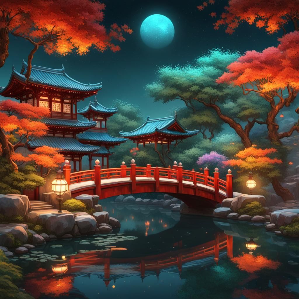 Japanese Garden Red Bridge with Twinkling Lights