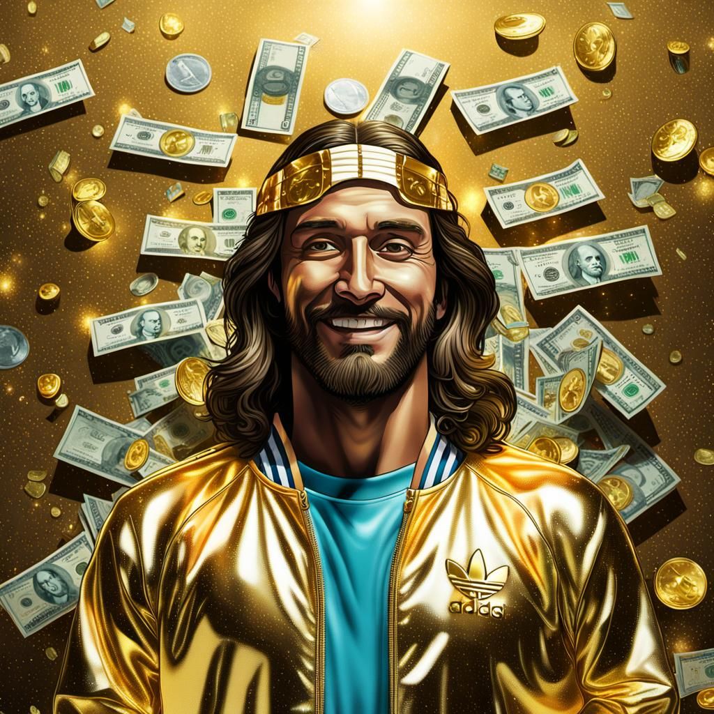 mecro shot, rich gangster smiley Jesus christ in golden adidas tracksuit with money, Glossy polished holographic crystal...