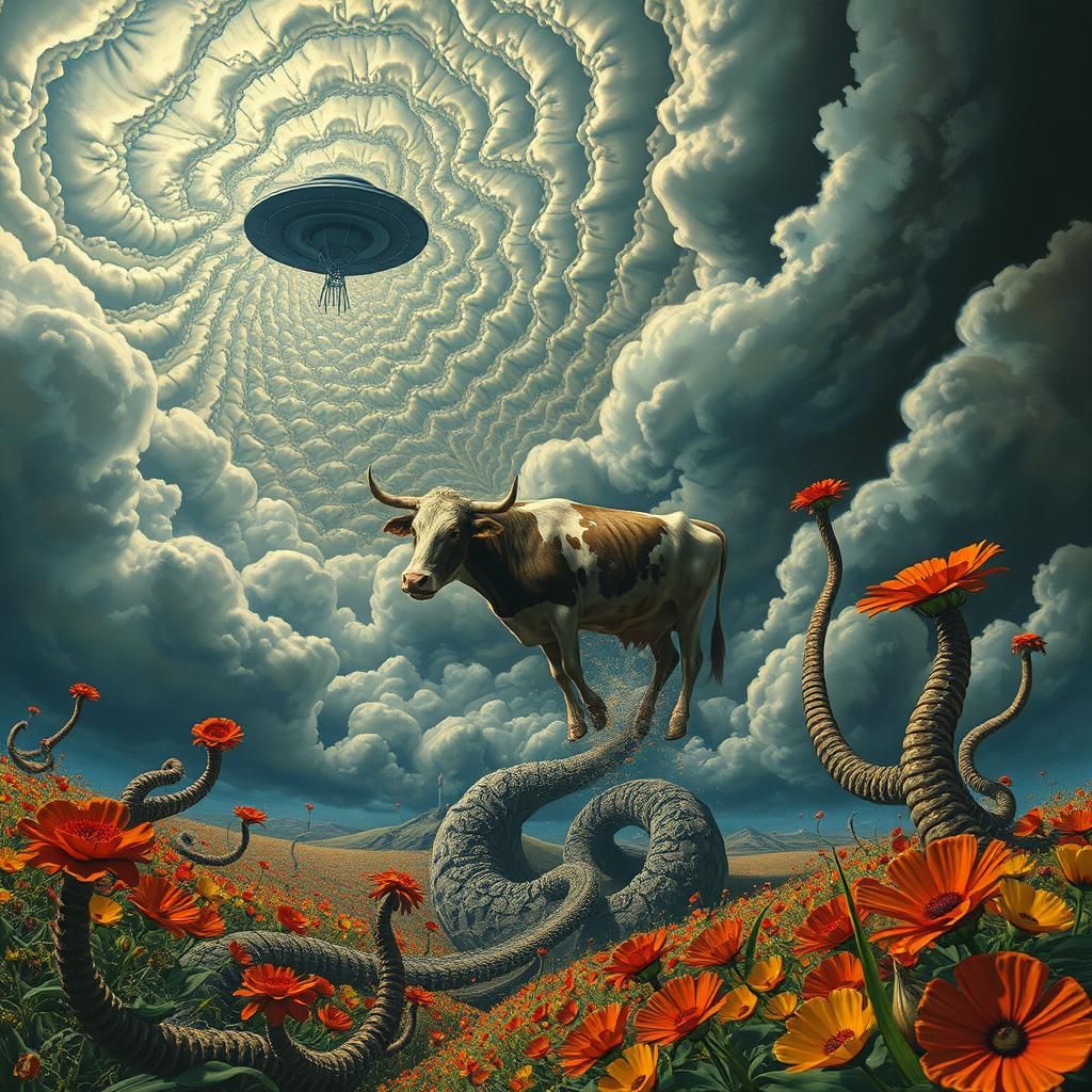 Surreal Landscape with Elastic Flora and UFO Abduction