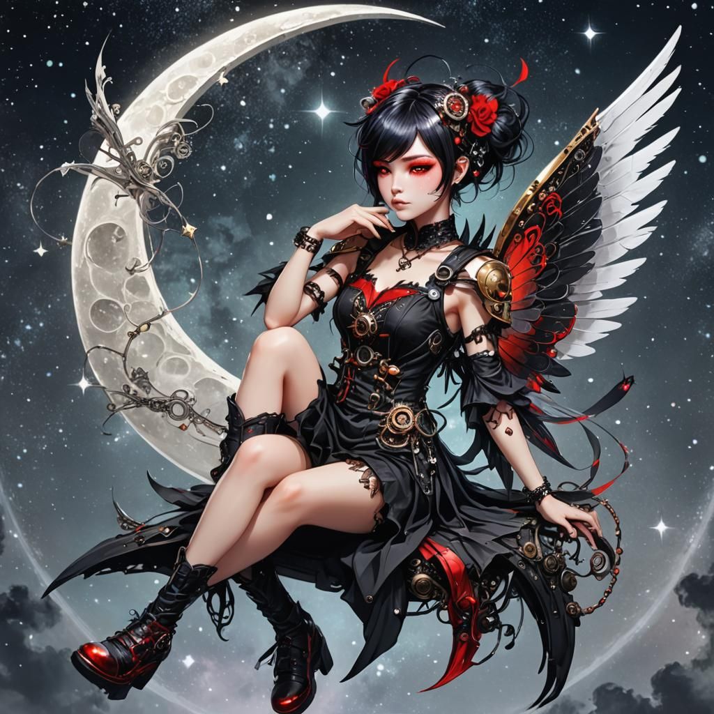 Cyber Fae on Crescent Moon in Cyberpunk Style