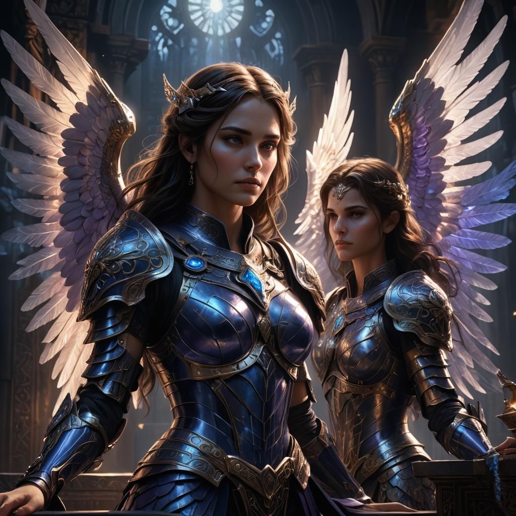 Woman Gaming Watched by Angel: Dark Fantasy Digital Art