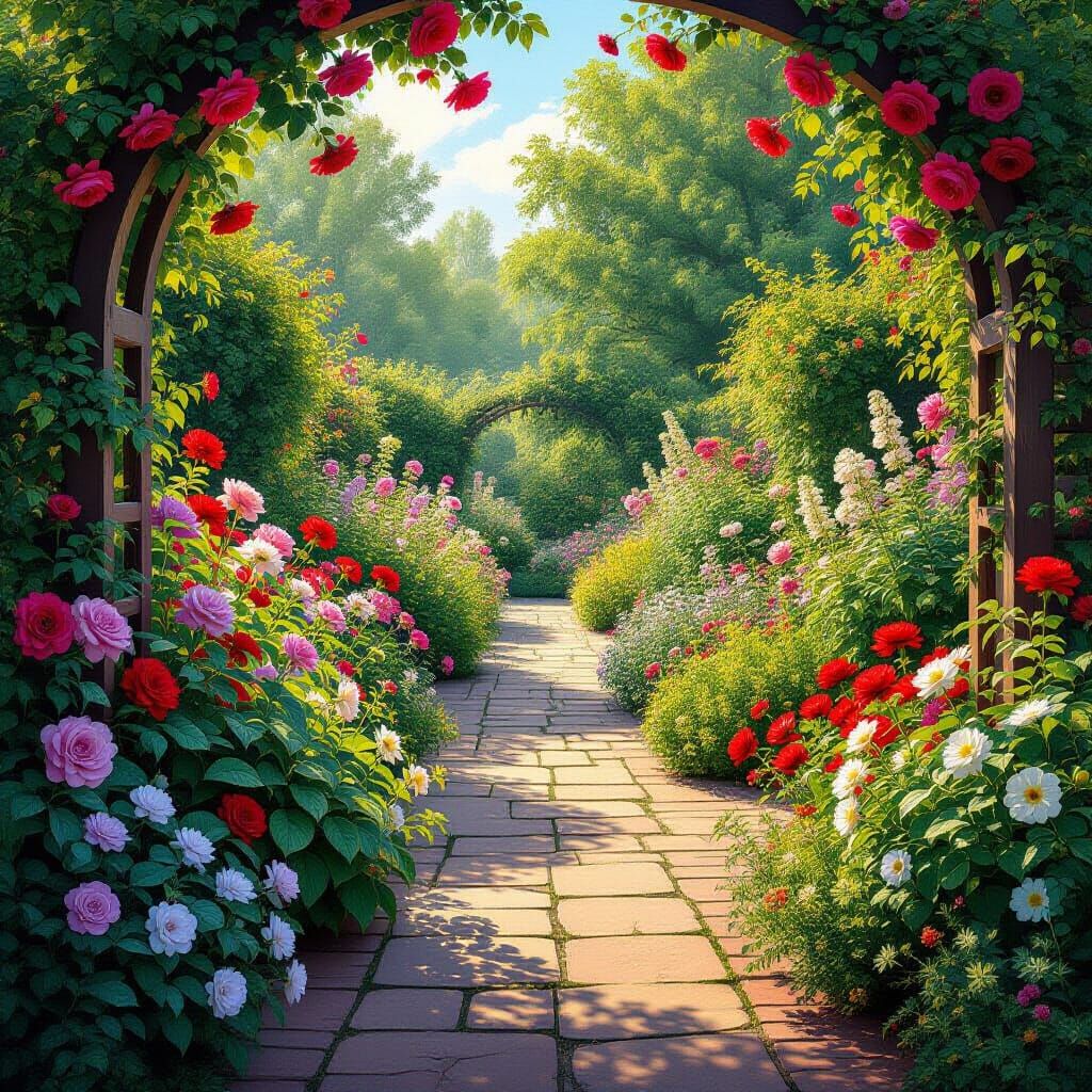 Vibrant English Garden in June, Hyperrealistic Splash Art